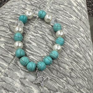 Howlite Turquoise and Faux Pearl Beaded Bracelet with Sterling Silver Zia Charm